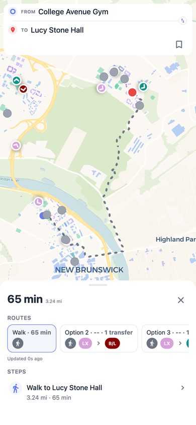Rutgers stop details with Directions button on Navgic mobile